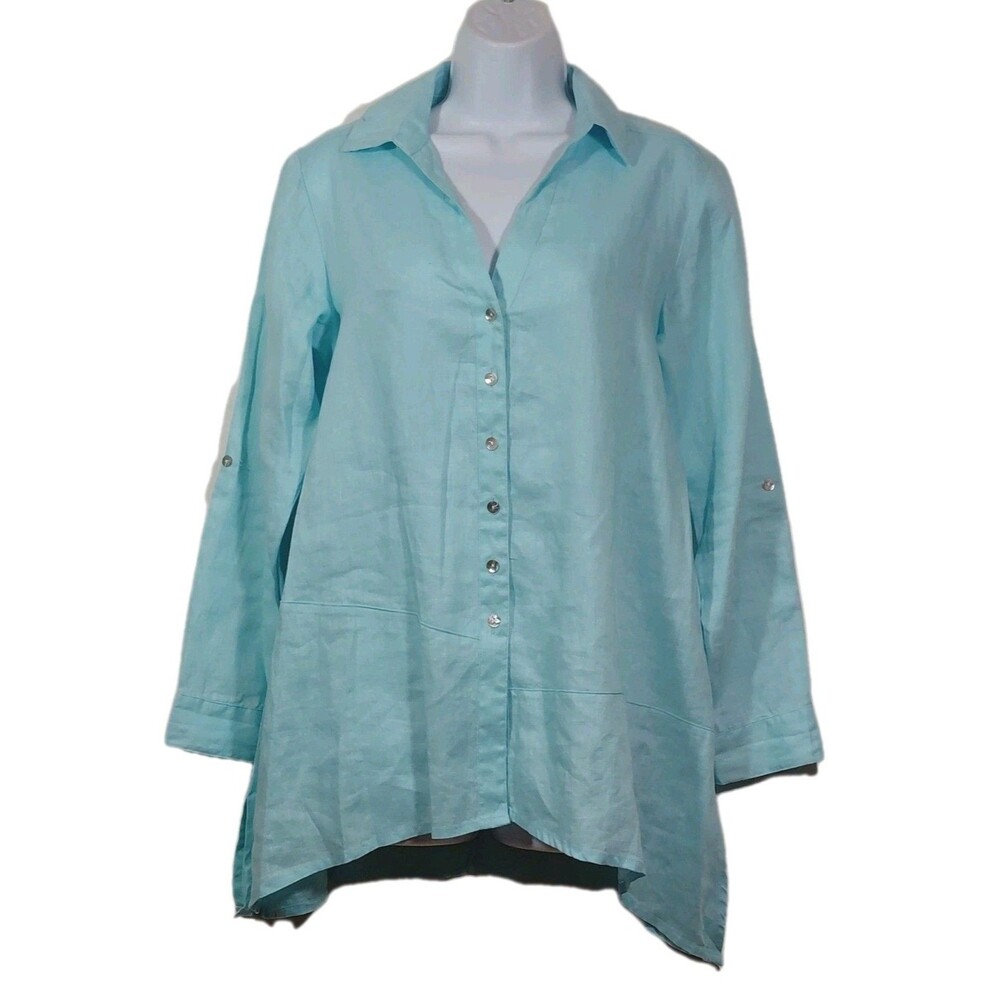 Symple NYC Blue/Green Women's Sml Roll-Tab V-Neck Button Down Linen Long Sleeve